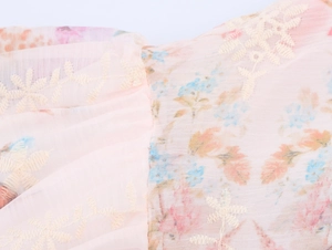 Close-up of pink floral embroidery and printed patterns on lightweight chiffon fabric