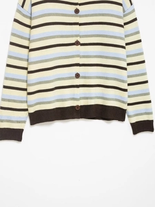 Close-up of multicolored striped knit cardigan with polo collar and brown ribbed cuffs