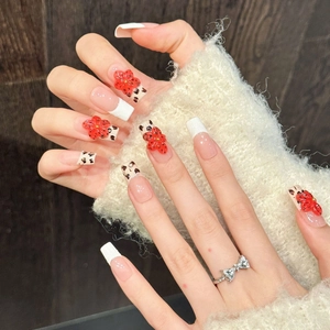 Handmade press-on nails with red 3D flowers, leopard print and white French tips
