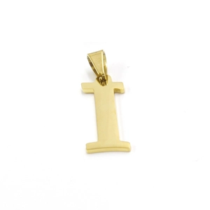 Close-up of a 30mm polished gold plated stainless steel initial letter I pendant with bail