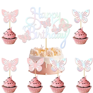 Pink and holographic 3D butterfly cake toppers and Happy Birthday party decorations