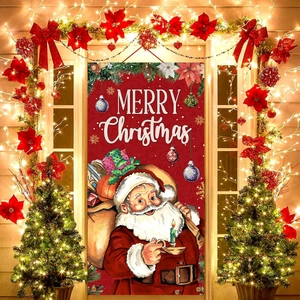Christmas Door Banner Polyester Vintage Santa Claus Print Merry Christmas Hanging Flag Holiday Outdoor Decoration