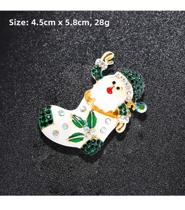 Detail view of Santa Claus Christmas stocking brooch with size 4.5cm by 5.8cm