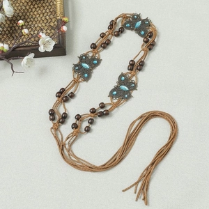 Bohemian braided brown waist chain with wooden beads and blue gemstone butterflies