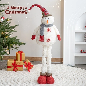 Standing Christmas snowman plush with long legs, red plaid hat, and festive grey scarf
