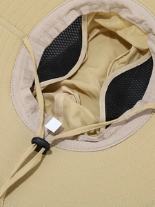 Khaki outdoor sun hat with breathable mesh lining and adjustable windproof strap cord