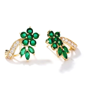 Vintage gold flower earrings with green stones and sparkling zircon crystal details