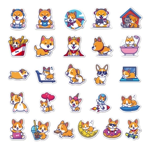 Detailed grid of 25 cute Shiba Inu cartoon stickers for laptops and water bottles