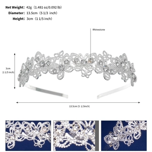 Silver crown headband with butterfly and flower rhinestone details and dimensions