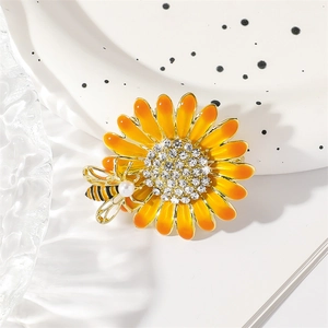 Enamel sunflower daisy brooch with golden honey bee, rhinestone center and pearl accent