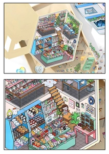 Macro detail of hand-drawn 2.5D store scene stickers for creative DIY journaling
