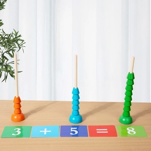 Wooden Montessori math counting toy with colorful rings and addition flashcards