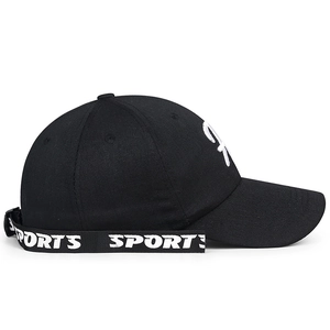 Classic black baseball cap with white embroidery and sports ribbon strap detail