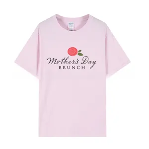 Detailed view of pink Mother's Day Brunch T-shirt with rose print and crew neckline