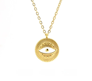 Detail of 18k gold plated evil eye pendant with embossed sunburst on stainless steel chain