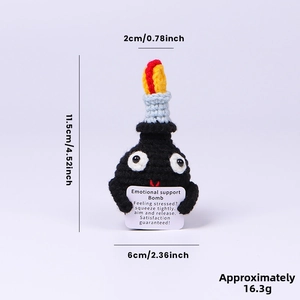 Detail showing hand-crocheted black bomb plush with positive message card and dimensions