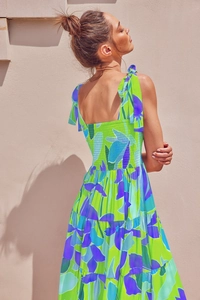 Detail of floral print summer dress showing smocked back design and tie straps