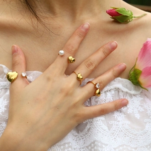 Stainless Steel Heart Ring For Women 18K Gold Plated Adjustable Open Zircon Artificial Pearl Minimalist Ins Style Finger Jewelry