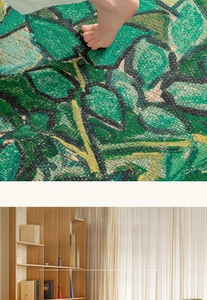 Detailed knit texture of green floral round rug with soft chenille surface and vintage design