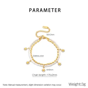 Detail view of double-layer stainless steel bracelet featuring daisy charms and gold beads