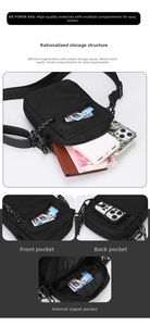 Detail of black nylon crossbody bag with multi-layer storage and functional pockets