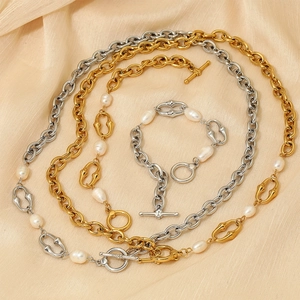 Fashionable stainless steel pearl necklace and bracelet set with classic toggle clasp closure