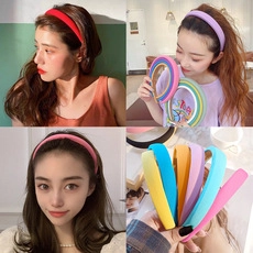 Collage of colorful velvet padded headbands showing various colors on female models