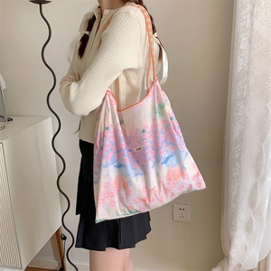 Floral canvas tote bag featuring watercolor tulip prints and checked shoulder straps