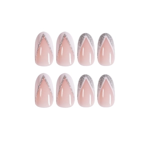 Almond shaped nude pink press-on nails with silver glitter V-tip French design tips