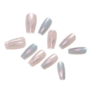 Blue mermaid chrome long coffin press on nails with pearl finish and line art set