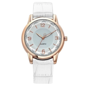 Elegant ladies quartz watch with rose gold case, grey dial and white leather strap