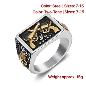 Mens punk stainless steel ring with embossed revolvers and skull details in silver gold