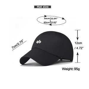 Tableau détaillé des tailles pour casquette de baseball noire montrant 56-60cm de circonférence