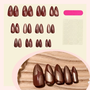 Sparkly red-brown almond press-on nails with cat-eye glitter and manicure kit