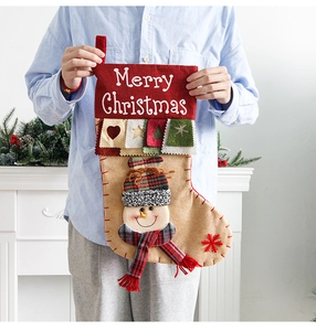 Detail of fabric Christmas stocking featuring a 3D snowman doll and Merry Christmas embroidery
