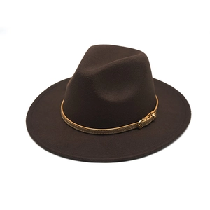 Detailed close-up of dark brown wool fedora with a thin leather belt and gold buckle
