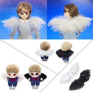 Black and white feather angel wings accessory with elastic straps for BJD and cotton dolls