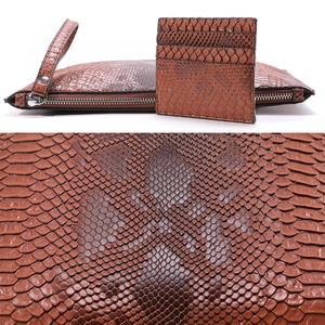 Brown faux snakeskin envelope clutch bag and card holder set with wrist strap