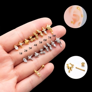 Stainless Steel Zircon Cartilage Piercing Earrings Heart Star Crown Shape Fashion Jewelry Screw Ball Back For Women