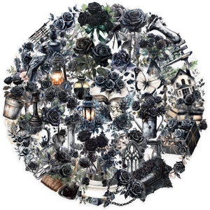 Macro detail of dark gothic stickers featuring black roses, ravens and vintage lanterns