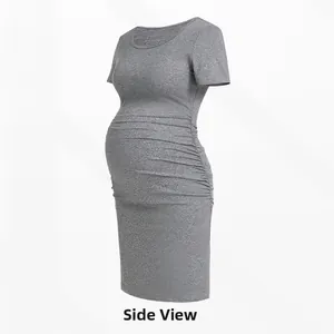 Side view of gray ruched maternity dress featuring high-stretch side seam for comfort