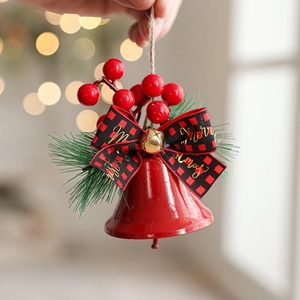 Christmas tree hanging pendant with red bell, pine needles and buffalo plaid ribbon bow