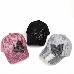 Women's mesh baseball cap with sequin visor floral embroidery and large mesh bow