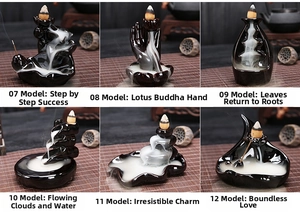 Detail of six ceramic backflow incense burner designs showing mist waterfall effect