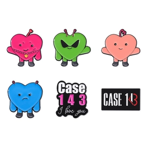 Set of six colorful Case 143 cartoon heart enamel pins and music theme metal brooches
