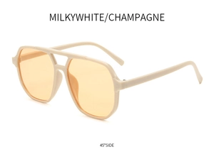 Detailed 45-degree side view of milky white aviator sunglasses with champagne lenses