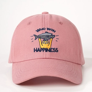 Casquette de baseball en coton rose avec broderie chat attrapant un poisson et texte