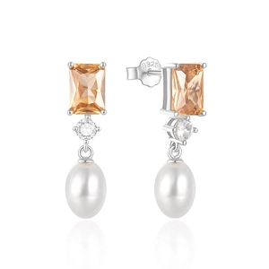 Detail of S925 sterling silver drop earrings with champagne zircon and waterdrop pearl