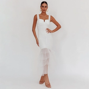 Sexy white square neck bodycon midi dress with ruched detail and mesh mermaid hemline