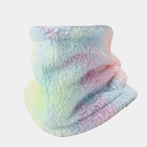 Close-up of rainbow tie-dye fluffy fleece neck warmer with soft plush texture